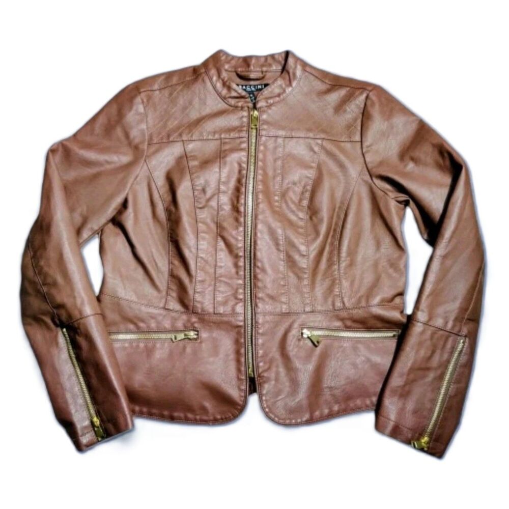 Baccini Brown Faux Leather Moto Jacket Medium Zip Pockets Quilted Detail
